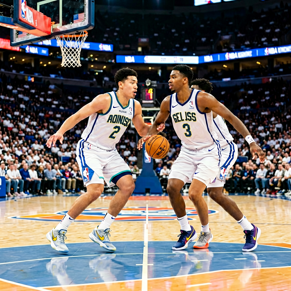 NBA篮球赛场，球员在场上进行比赛